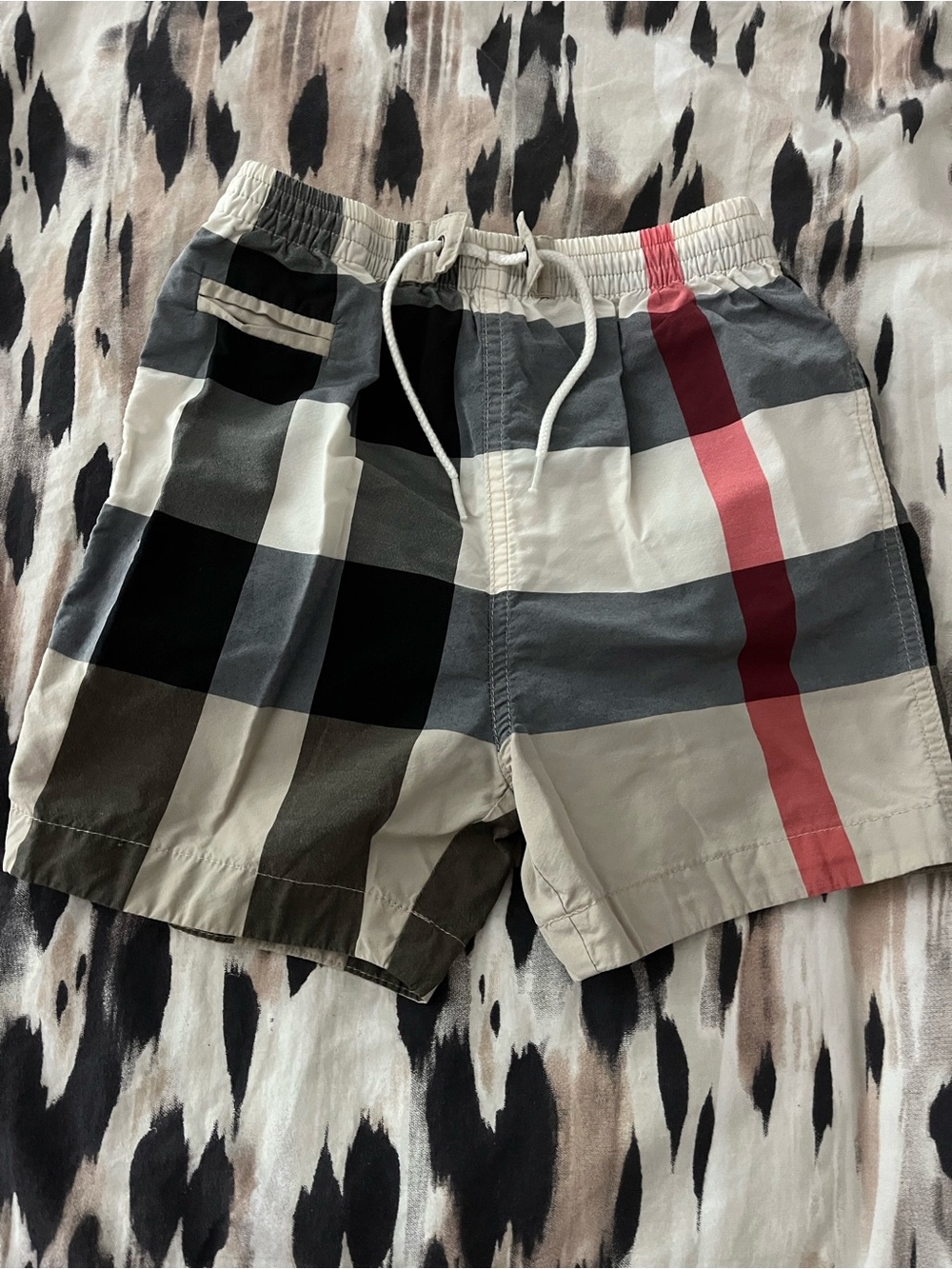 Men's Gray Plaid Drawstring Shorts with Red Stripe